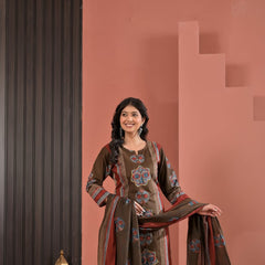 Indolady Coffee Brown Cotton Kurta Pant Dupatta Set