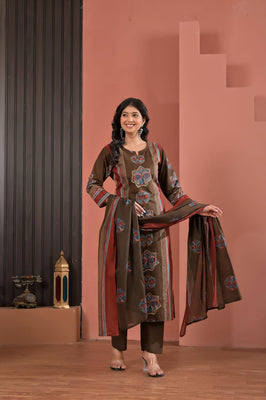 Indolady Coffee Brown Cotton Kurta Pant Dupatta Set