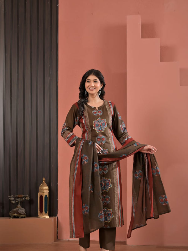 Indolady Coffee Brown Cotton Kurta Pant Dupatta Set