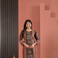 Indolady Coffee Brown Cotton Kurta Pant Dupatta Set