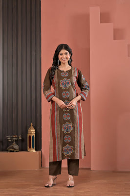 Indolady Coffee Brown Cotton Kurta Pant Dupatta Set