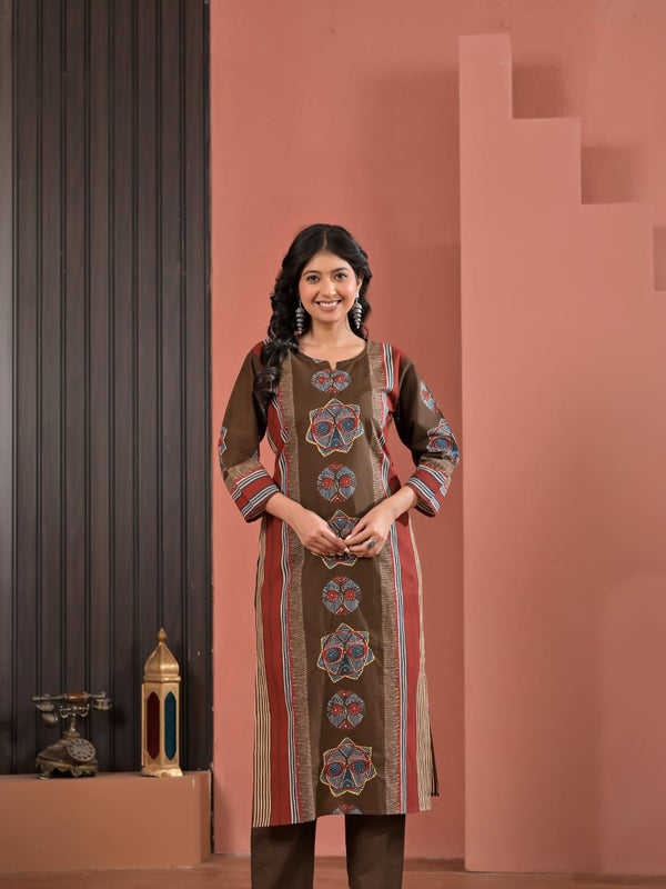 Indolady Coffee Brown Cotton Kurta Pant Dupatta Set