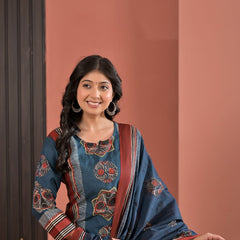 Indolady Indigo Heritage Cotton Kurta Pant Dupatta Set