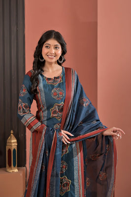 Indolady Indigo Heritage Cotton Kurta Pant Dupatta Set