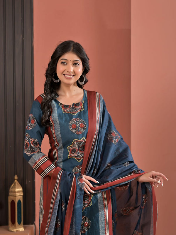 Indolady Indigo Heritage Cotton Kurta Pant Dupatta Set