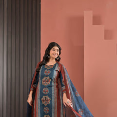 Indolady Indigo Heritage Cotton Kurta Pant Dupatta Set