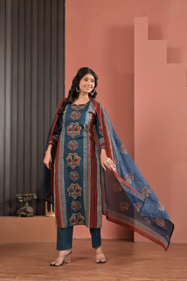 Indolady Indigo Heritage Cotton Kurta Pant Dupatta Set