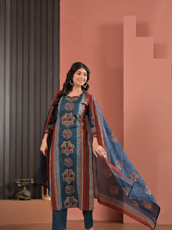 Indolady Indigo Heritage Cotton Kurta Pant Dupatta Set