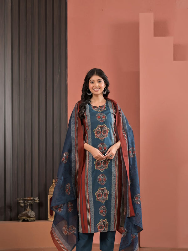 Indolady Indigo Heritage Cotton Kurta Pant Dupatta Set