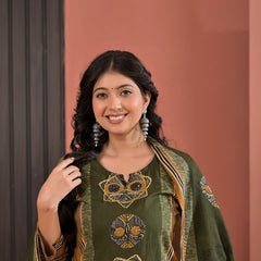Indolady Olive Dynasty Cotton Kurta Pant Dupatta Set