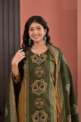Indolady Olive Dynasty Cotton Kurta Pant Dupatta Set