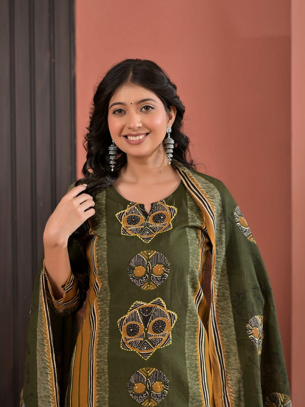 Indolady Olive Dynasty Cotton Kurta Pant Dupatta Set