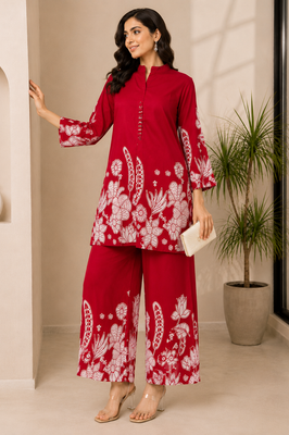 Indolady Red Lotus Floral Printed Cotton Co-Ord Set