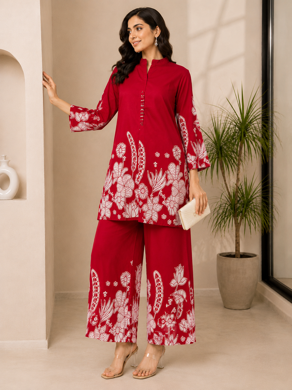 Indolady Red Lotus Floral Printed Cotton Co-Ord Set