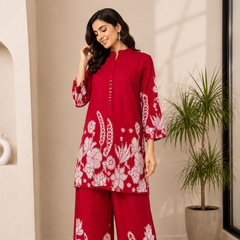 Indolady Red Lotus Floral Printed Cotton Co-Ord Set