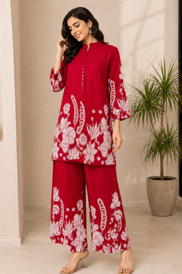 Indolady Red Lotus Floral Printed Cotton Co-Ord Set