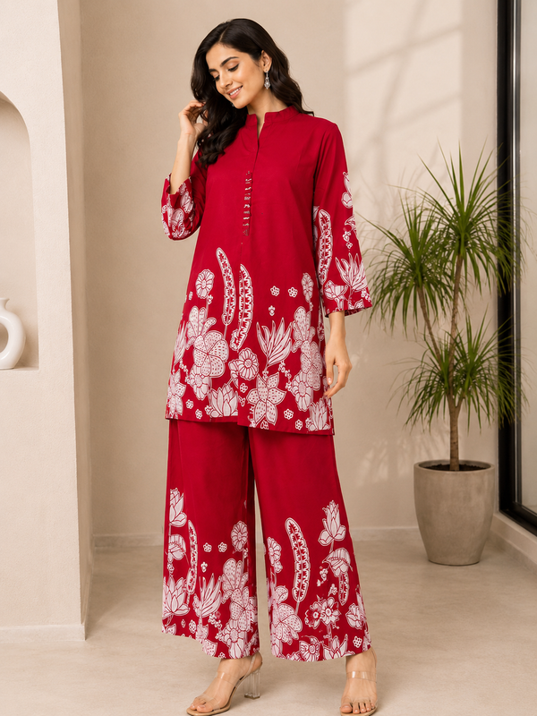 Indolady Red Lotus Floral Printed Cotton Co-Ord Set