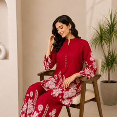 Indolady Red Lotus Floral Printed Cotton Co-Ord Set