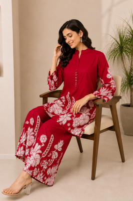Indolady Red Lotus Floral Printed Cotton Co-Ord Set