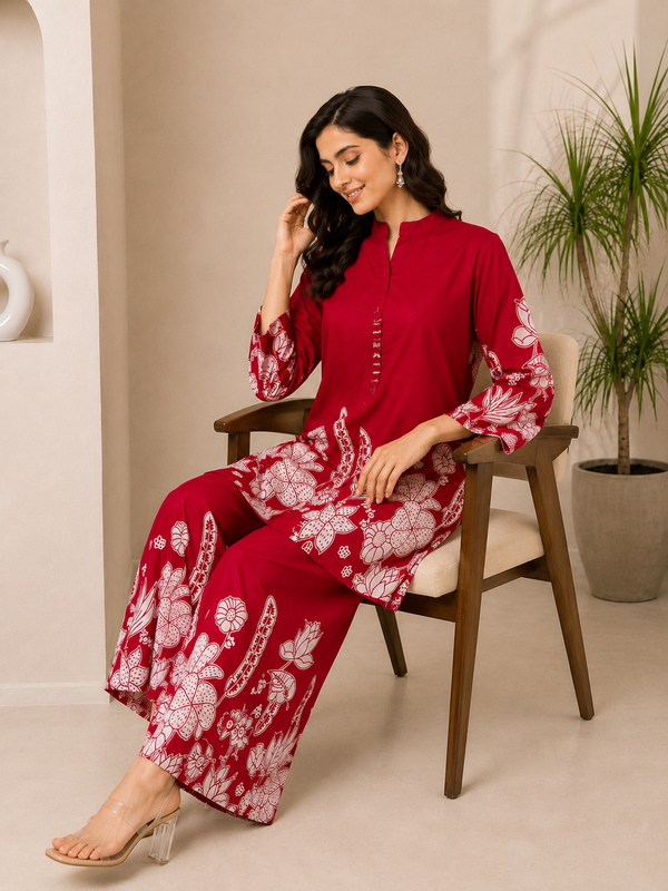 Indolady Red Lotus Floral Printed Cotton Co-Ord Set