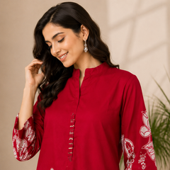 Indolady Red Lotus Floral Printed Cotton Co-Ord Set