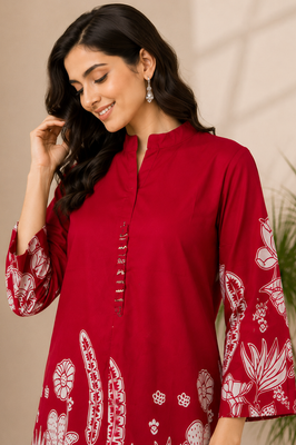 Indolady Red Lotus Floral Printed Cotton Co-Ord Set