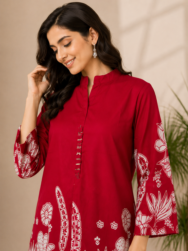 Indolady Red Lotus Floral Printed Cotton Co-Ord Set