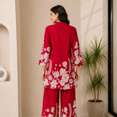 Indolady Red Lotus Floral Printed Cotton Co-Ord Set