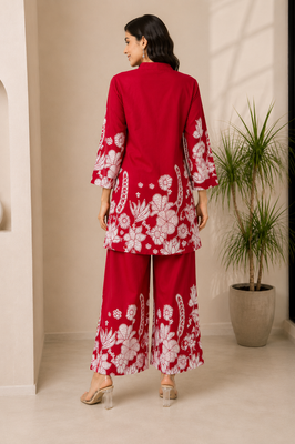 Indolady Red Lotus Floral Printed Cotton Co-Ord Set