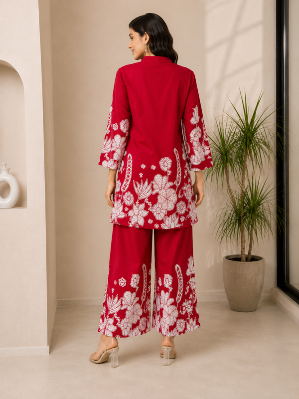 Indolady Red Lotus Floral Printed Cotton Co-Ord Set