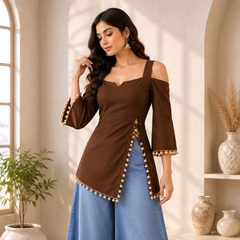 Brown Cold Shoulder Cotton Designer Top