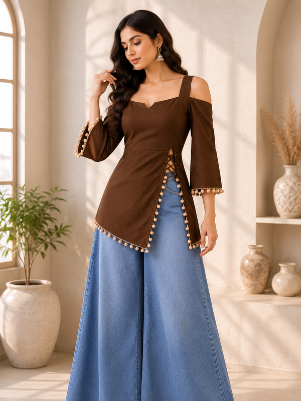 Brown Cold Shoulder Cotton Designer Top