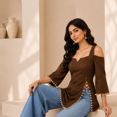 Brown Cold Shoulder Cotton Designer Top