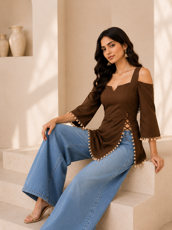 Brown Cold Shoulder Cotton Designer Top