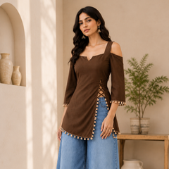 Brown Cold Shoulder Cotton Designer Top