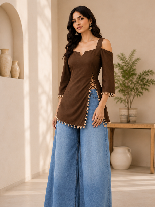 Brown Cold Shoulder Cotton Designer Top