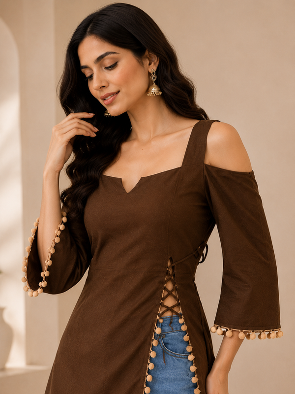 Brown Cold Shoulder Cotton Designer Top