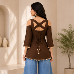 Brown Cold Shoulder Cotton Designer Top