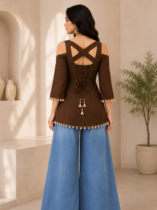 Brown Cold Shoulder Cotton Designer Top