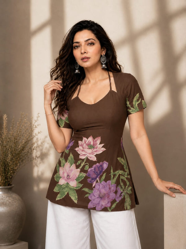 Indolady Brown Mocha Bloom Cotton Floral Printed Designer Top