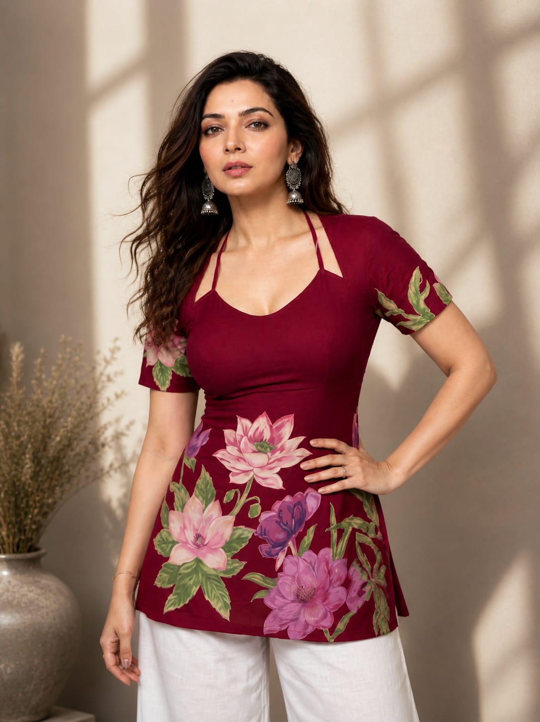 Indolady Wine Blossom Cotton Floral Printed Top