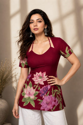Indolady Wine Blossom Cotton Floral Printed Top