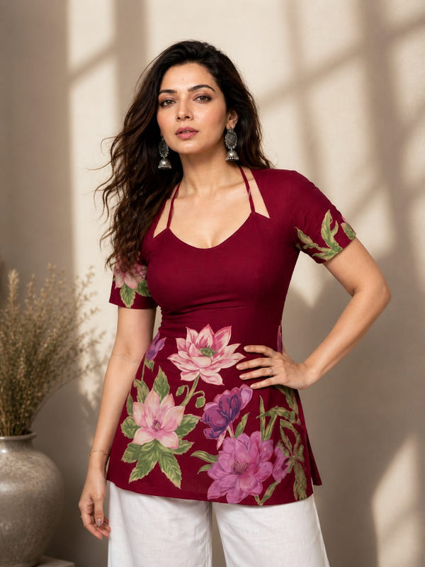 Indolady Wine Blossom Cotton Floral Printed Top