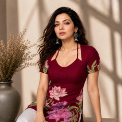 Indolady Wine Blossom Cotton Floral Printed Top
