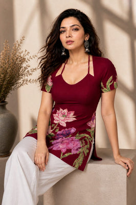 Indolady Wine Blossom Cotton Floral Printed Top