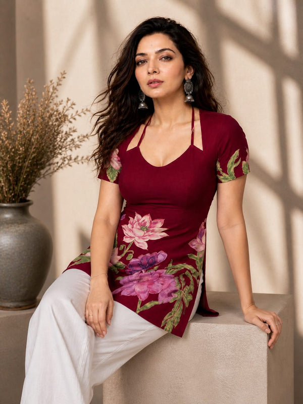 Indolady Wine Blossom Cotton Floral Printed Top