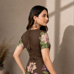 Indolady Brown Mocha Bloom Cotton Floral Printed Designer Top