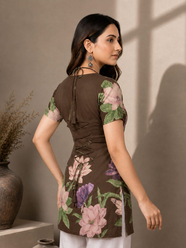 Indolady Brown Mocha Bloom Cotton Floral Printed Designer Top
