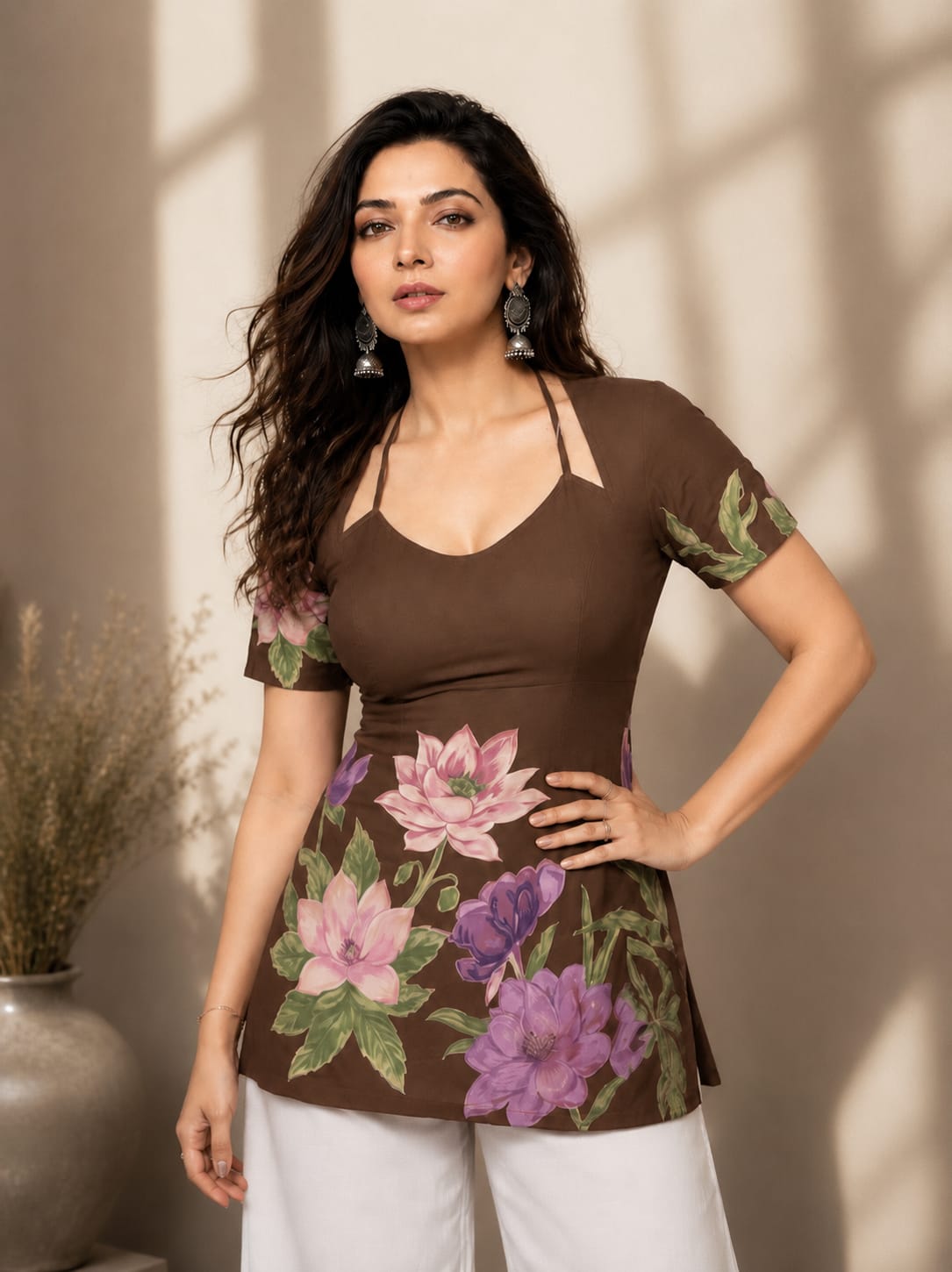 Indolady Brown Mocha Bloom Cotton Floral Printed Designer Top