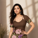 Indolady Brown Mocha Bloom Cotton Floral Printed Designer Top